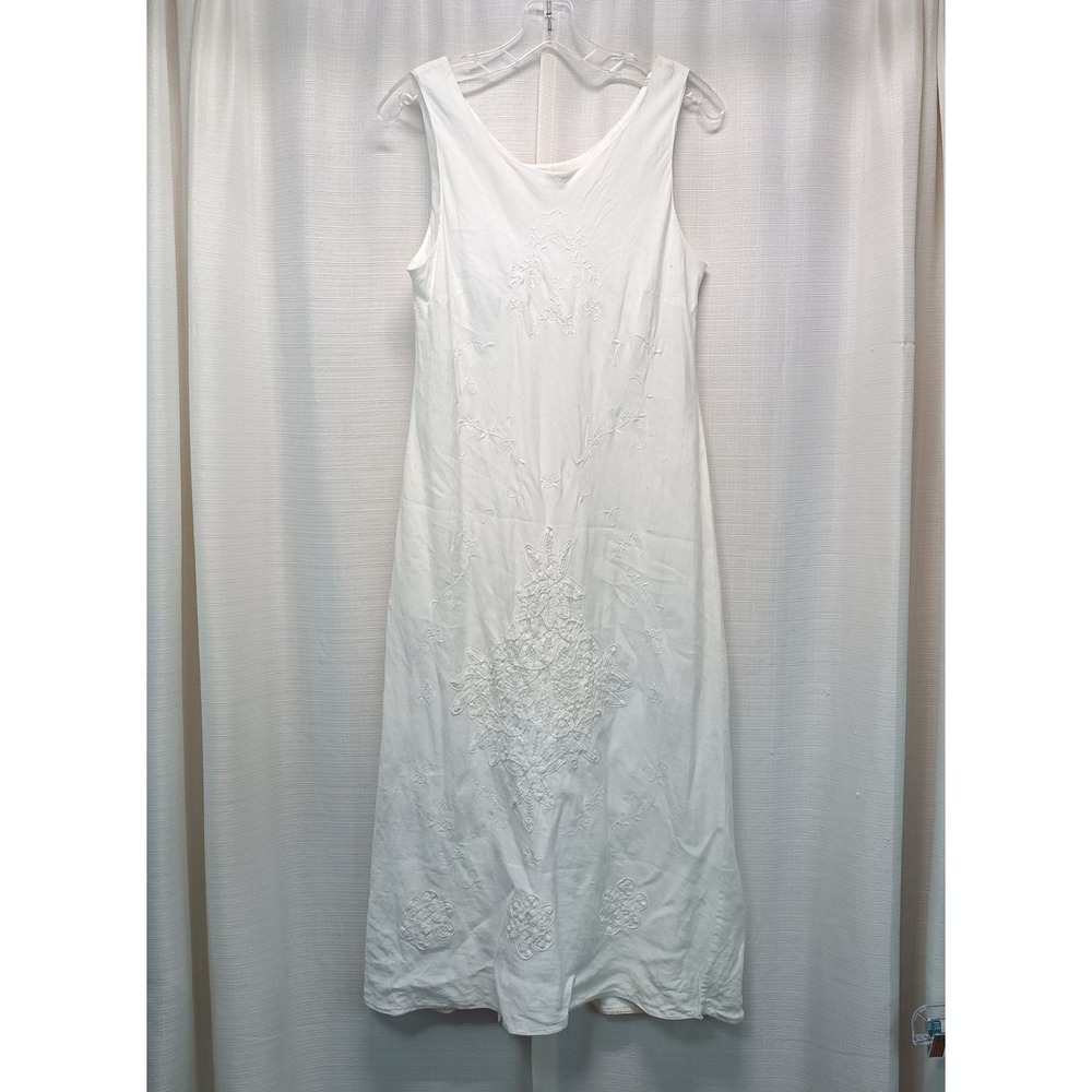 Plaza South Petite White Linen Blend Embroidered Lace Midi Dress Womens 14P